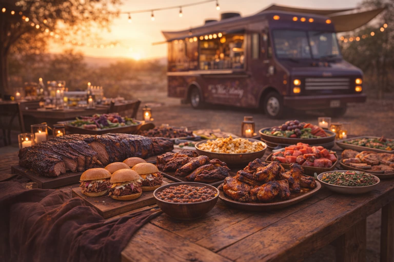 The Vibe Catering hero banner — elegant outdoor catering setup with food truck in background