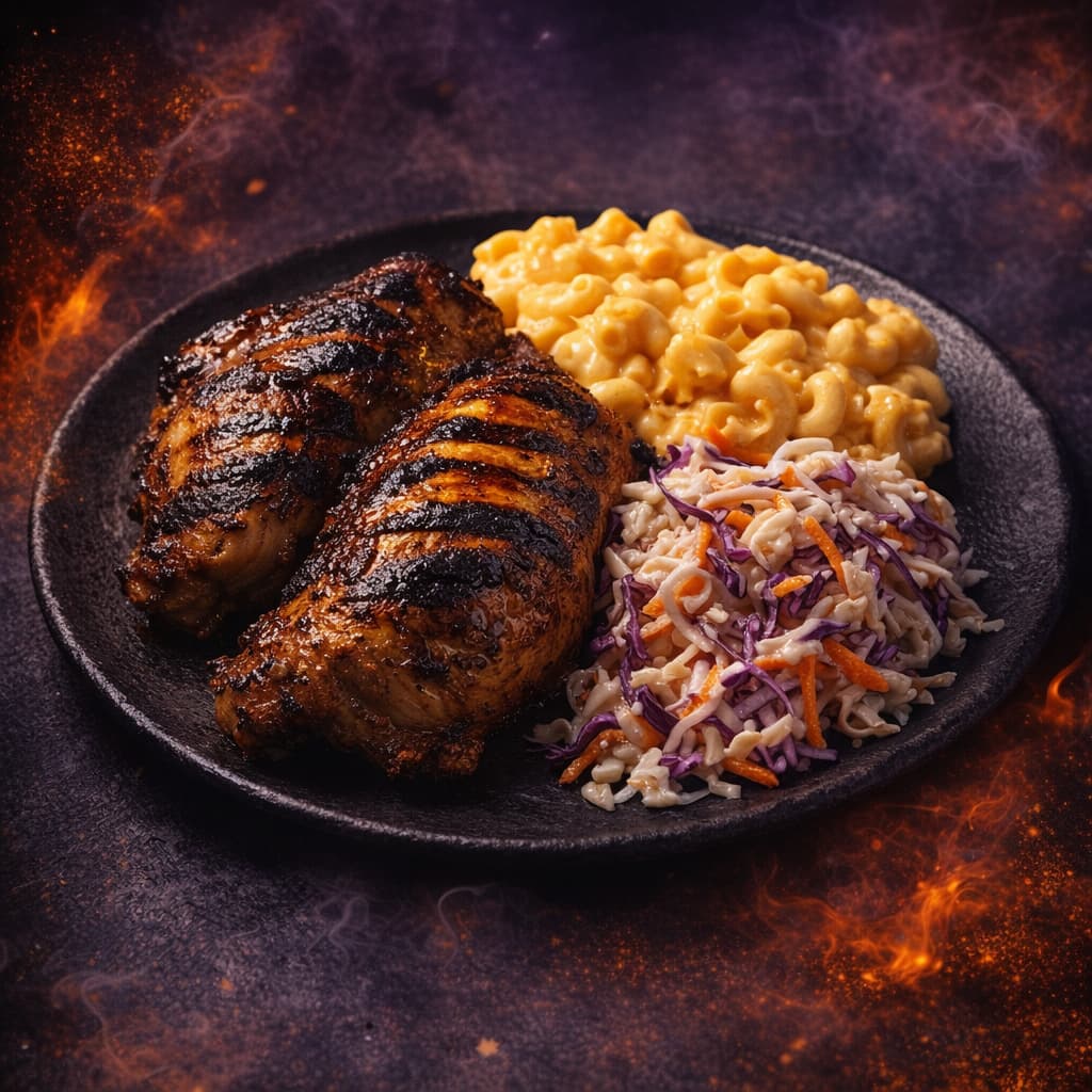 Jerk Chicken Plate with mac and cheese and coleslaw - The Vibe Catering